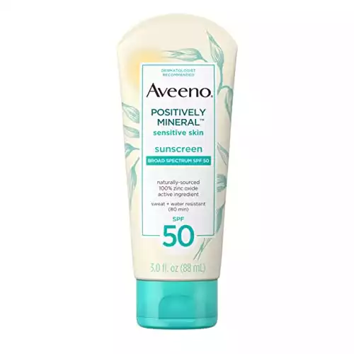 Aveeno Positively Mineral Sensitive Skin Daily Sunscreen Lotion with SPF 50 100 Zinc Oxide NonGreasy Sweat WaterResistant Sheer Sunscreen for Face Body TravelSize, Unscented, 3 Fl Oz